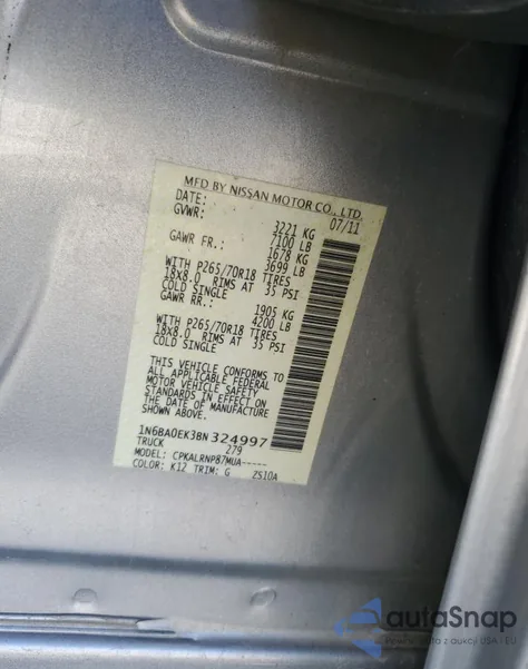 2011 Nissan Titan S from USA, damaged, VIN 1N6BA0EK3BN324997